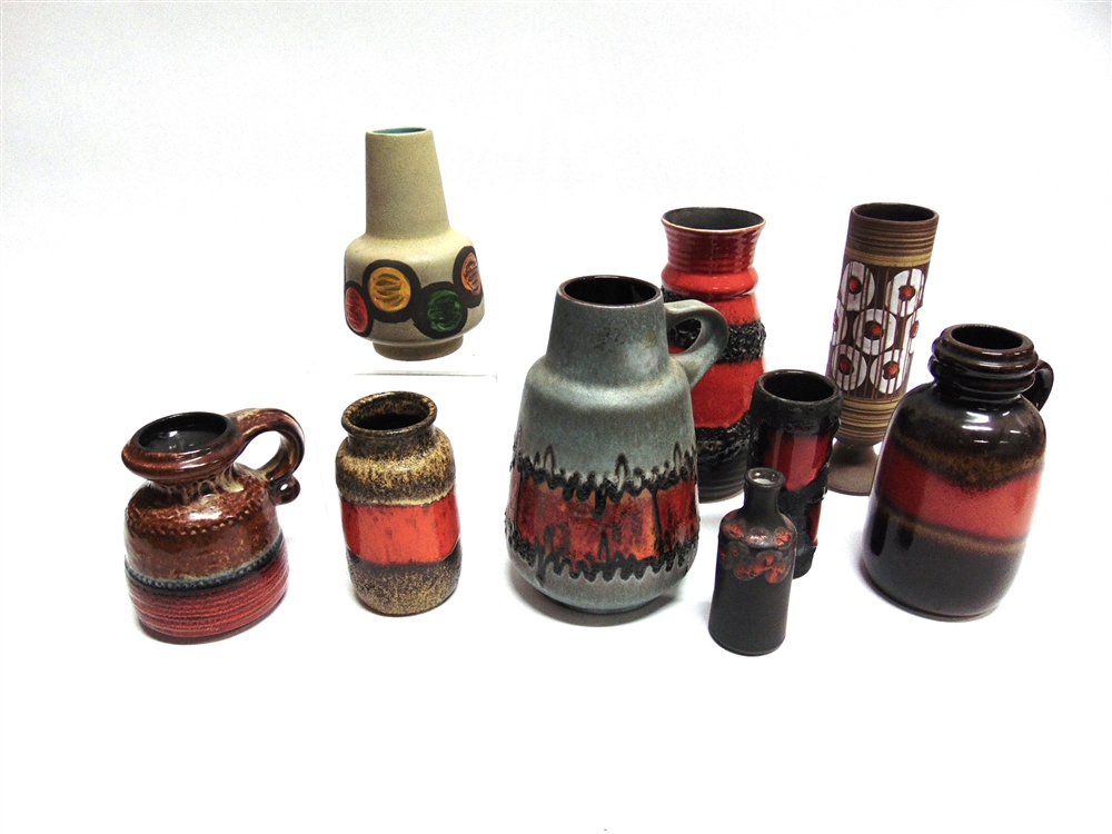 A GROUP OF NINE WEST GERMAN ART POTTERY VASES the largest a Bay Keramik red ground vase decorated