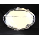 A GOOD ELECTROPLATED TRAY of oval outline, with flared rim, cut out handles and pierced decoration