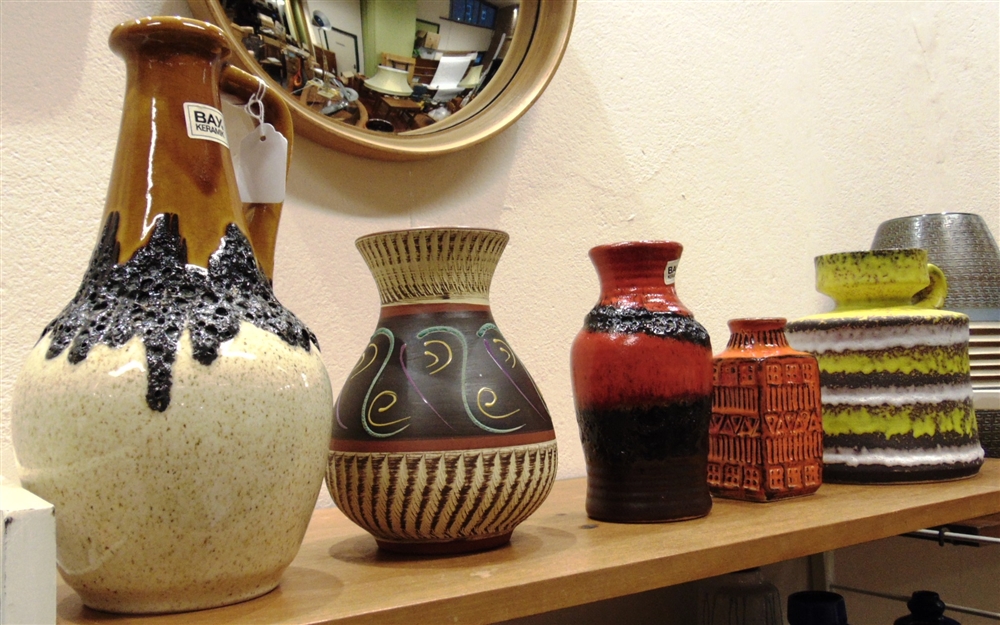 FIVE WEST GERMAN VASES BY BAY KERAMIK the largest piece a jug with band of 'Fat Lava' glaze 31cm