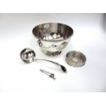 AN ELECTROPLATED PUNCH BOWLwine coaster; a letter P wine label; and a soup ladle