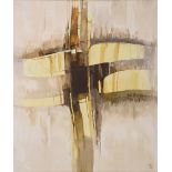 MARJORY MUGGLETON (BRITISH, B.1922) Abstract in browns, greys, yellows and creams, oil on board,