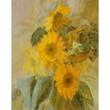 MARJORY MUGGLETON (BRITISH, B.1922) Sunflowers, oil on board, signed lower left, 76cm x 61cm,