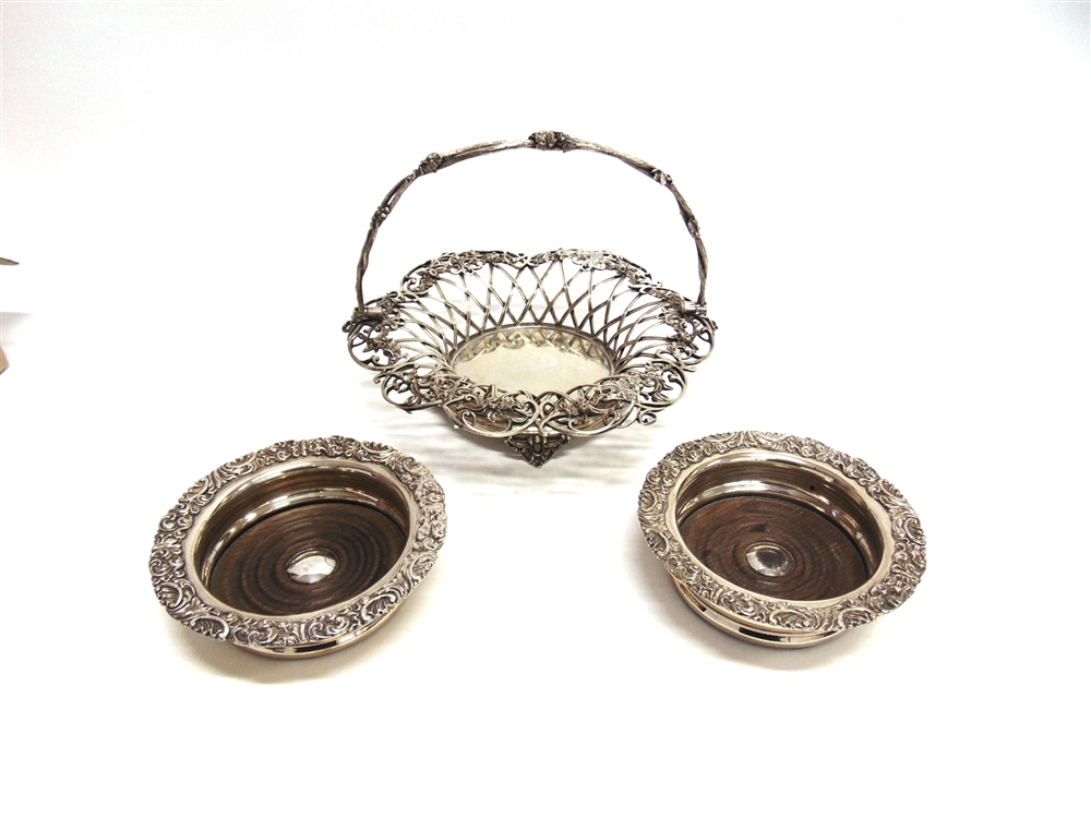 AN ELKINGTON & CO ELECTROPLATED SWING HANDLED CAKE OR FRUIT BASKET with a pair of plated wine - Image 2 of 5