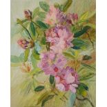 MARJORY MUGGLETON (BRITISH, B.1922) Rhododendrons, oil on board, signed lower right, 76cm x 61cm,