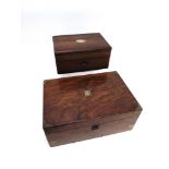 TWO VICTORIAN BOXES: a rosewood sewing box 25cm wide 18cm deep 11.5cm high, and a brass bound walnut