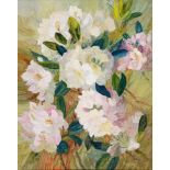 MARJORY MUGGLETON (BRITISH, B.1922) Rhododendrons, oil on board, signed lower right, 75cm x 59.5cm.