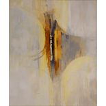 MARJORY MUGGLETON (BRITISH, B.1922) Abstract in ochres, yellows and greys, oil on board, signed with