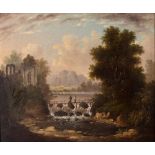 BRITISH SCHOOL (19TH CENTURY) Fishing from the Weir, with a ruin and hills beyond, oil on canvas,