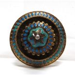 A VICTORIAN GOLD LOCKET BACK BROOCH with turquoise enamel details, the raised centre with a star set