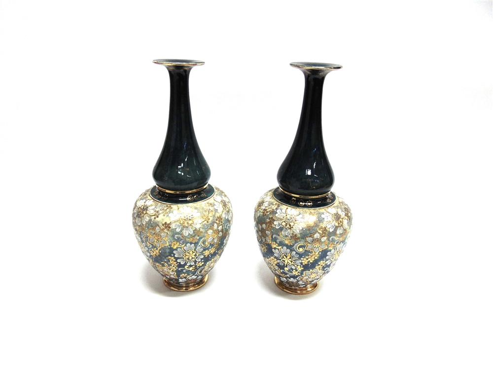 A PAIR OF DOULTON SLATERS TALL VASES with floral decoration, 42.5cm high