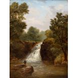 BRITISH SCHOOL (19TH CENTURY) Fishing below a Waterfall, oil on canvas, unsigned, 39.5cm x 29cm.