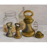 MARJORY MUGGLETON (BRITISH, B.1922) Still Life with Brass Weights, oil on board, signed and