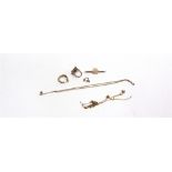 A 9 CARAT GOLD VACANT RING MOUNT a single 9 carat hoop earring; a bar brooch stamped '9ct'; three