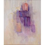 MARJORY MUGGLETON (BRITISH, B.1922) Abstract in purples, pinks and creams, oil on board, signed with