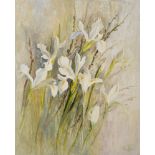 MARJORY MUGGLETON (BRITISH, B.1922) Irises, oil on board, signed lower right, 76cm x 61cm,