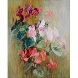 MARJORY MUGGLETON (BRITISH, B.1922) Cyclamen, oil on board, signed lower right, 76cm x 61cm,