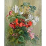 MARJORY MUGGLETON (BRITISH, B.1922) Cyclamen, oil on board, signed lower right, 76cm x 61cm,