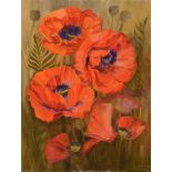 MARJORY MUGGLETON (BRITISH, B.1922) Oriental Poppies, oil on board, signed lower right, 60.5cm x