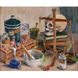 MARJORY MUGGLETON (BRITISH, B.1922) Still Life with Skull, Scales & Apothecary's Jars, oil on board,