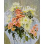 MARJORY MUGGLETON (BRITISH, B.1922) Chrysanthemums, oil on board, signed lower right, 76cm x 61cm,