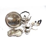 A QUANTITY OF ELECTROPLATED WARES including a kettle on stand, a salver, muffin dish, entree dish