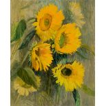 MARJORY MUGGLETON (BRITISH, B.1922) Sunflowers, oil on board, signed lower right, 76cm x 61cm,