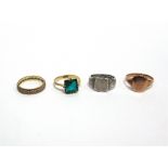 A GREEN PASTE RING stamped '18ct', 3.5g gross, a signet ring stamped '9ct', 4.3g gross, an