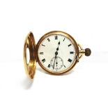 AN 18 CARAT GOLD HALF HUNTER POCKET WATCH, LONDON 1909 the unsigned white enamel dial with black