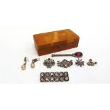 A COLLECTION OF PASTE SET JEWELLERY comprising, six brooches and a pair of drop earrings; housed