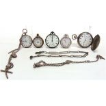 A HUNTER KEYLESS WOUND POCKET WATCH stamped 'Fine Silver', three fob watches; an Allertine; another;