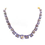 AN ITALIAN MICRO MOSAIC NECKLACE circa 1870, the rectangular and round blue glass panels with