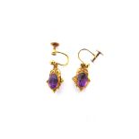 A PAIR OF AMETHYST DROP EARRINGS in a cannetile type mount, to screw fittings