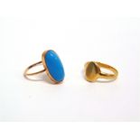 AN 18 CARAT GOLD SIGNET RING 3.7g gross; with a turquoise ring stamped '15ct', 3.5g gross