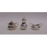 A THREE PIECE SILVER MATCHED CRUET SET of rounded rectangular gadrooned form, 161g (5.19 troy ozs)