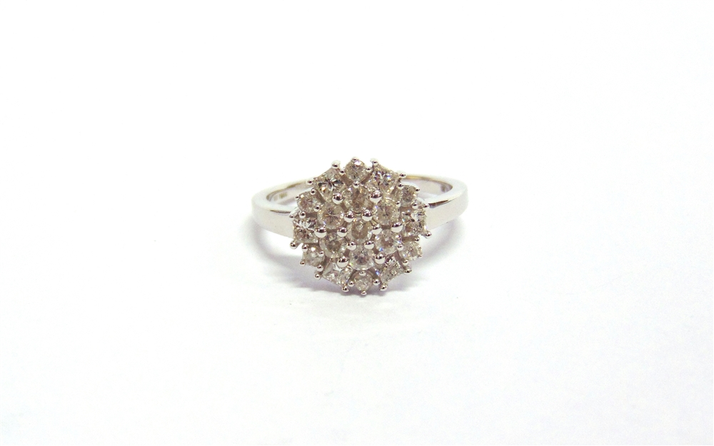 A 9 CARAT WHITE GOLD NINETEEN STONE DIAMOND CLUSTER RING the centre of seven brilliant cut