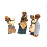 THREE LLADRO TERRACOTTA FIGURES: a young girl with goose, a lady holding a pot of flowers and a