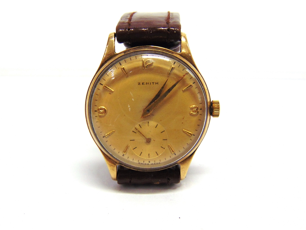 ZENITH a gentleman's 9 carat gold mechanical wristwatch, the round yellow dial with gilt dagger