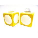 A PAIR OF PLASTIC 'RETRO' CUBE LIGHTSHADES in yellow and white colourway, 18cm x 18cm x 18cm