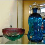 A HOLMEGAARD BLUE GLASS 'GLUG-GLUG' DECANTER with original paper label, 23.5cm high; and a