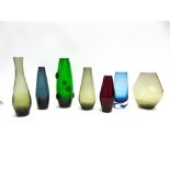 A GROUP OF ASSORTED SCANDINAVIAN COLOURED GLASS VASES the largest green glass example applied with