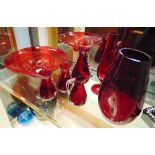 A GROUP OF WHITEFRIARS VASES and a glass bowl 27cm diameter, all in ruby red colourway (7)