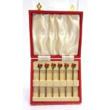 A CASED SET OF SIX SILVER AND ENAMEL COCKTAIL STICKS by Adie Borthers Ltd, Birmingham 1960, the