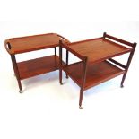 TWO 1960S TEAK TWO-TIER TROLLEYS on metal casters