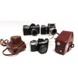 FIVE ASSORTED CAMERAS comprising a Pentaka 8B cine camera, with a Jena 1:2 f=12.5 lens, in a leather