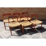NIELS MOLLER FOR J L MOLLER: a set of six Danish teak model 75 dining chairs, designed c. 1954, with