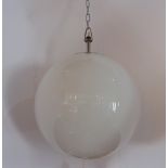 A WHITE OPALESCENT GLASS BALL CEILING LIGHT with chrome fittings, 28cm diameter