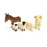 A GROUP OF ANIMAL FIGURES comprising a Beswick sow 'CH. WALL QUEEN 40', Bewsick donkey (ear re-