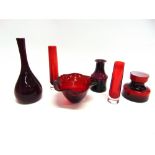 MONICA BRATT FOR REIJMYRE: a red glass bowl with shaped rim 16cm diameter; and a group of further
