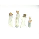 FOUR LLADRO FIGURES: a pair of angels (one with damaged wing), a young girl holding a cockerel,