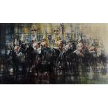 ERIC MASON (BRITISH, 1921-1986) Lifeguards Riding Past Buckingham Palace, oil on board, signed lower